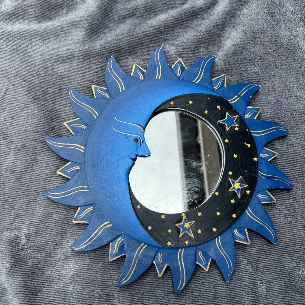Vintage 90s Celestial Sun Moon Stars Mirror 12in Hand Painted Whimsygoth Navy